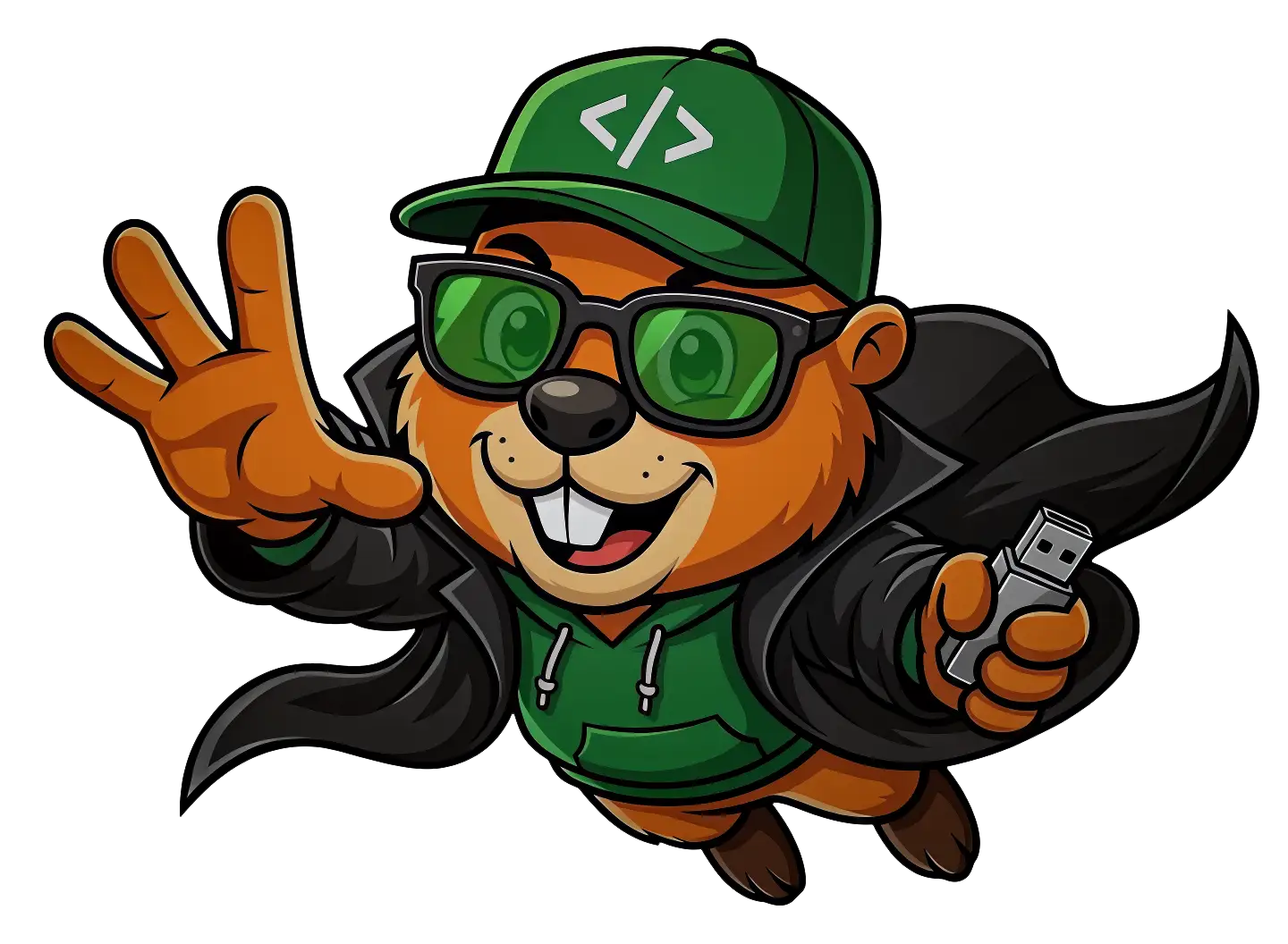Christian the code beaver, flying in with a USB stick